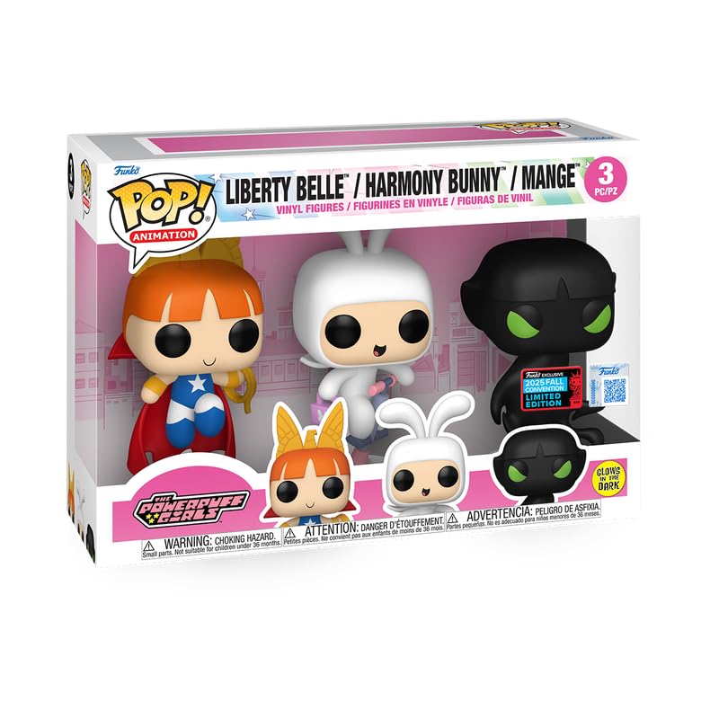 Funko Pop! Animation Powerpuff Girls Liberty Belle, Harmony Bunny, Mange paquete de 3, edición especial que brilla en la oscuridad, 4-5.3 pulgadas