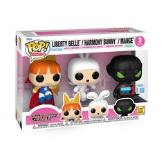 Funko Pop! Animation Powerpuff Girls Liberty Belle, Harmony Bunny, Mange paquete de 3, edición especial que brilla en la oscuridad, 4-5.3 pulgadas
