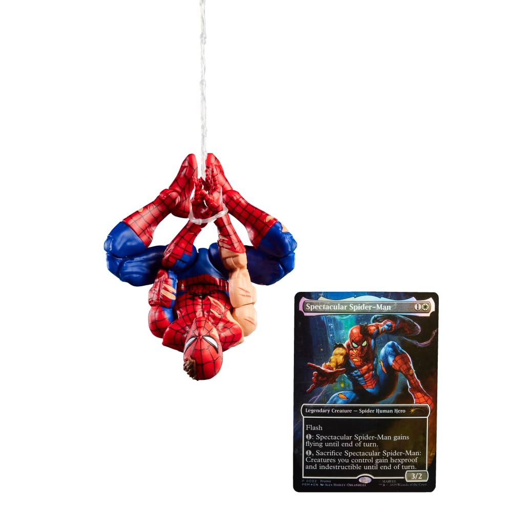 Marvel Legends Series Magic: The Gathering Battle-Damaged Spider-Man, figura de acción de 6 pulgadas y exclusivo juego de cartas coleccionables de papel de aluminio