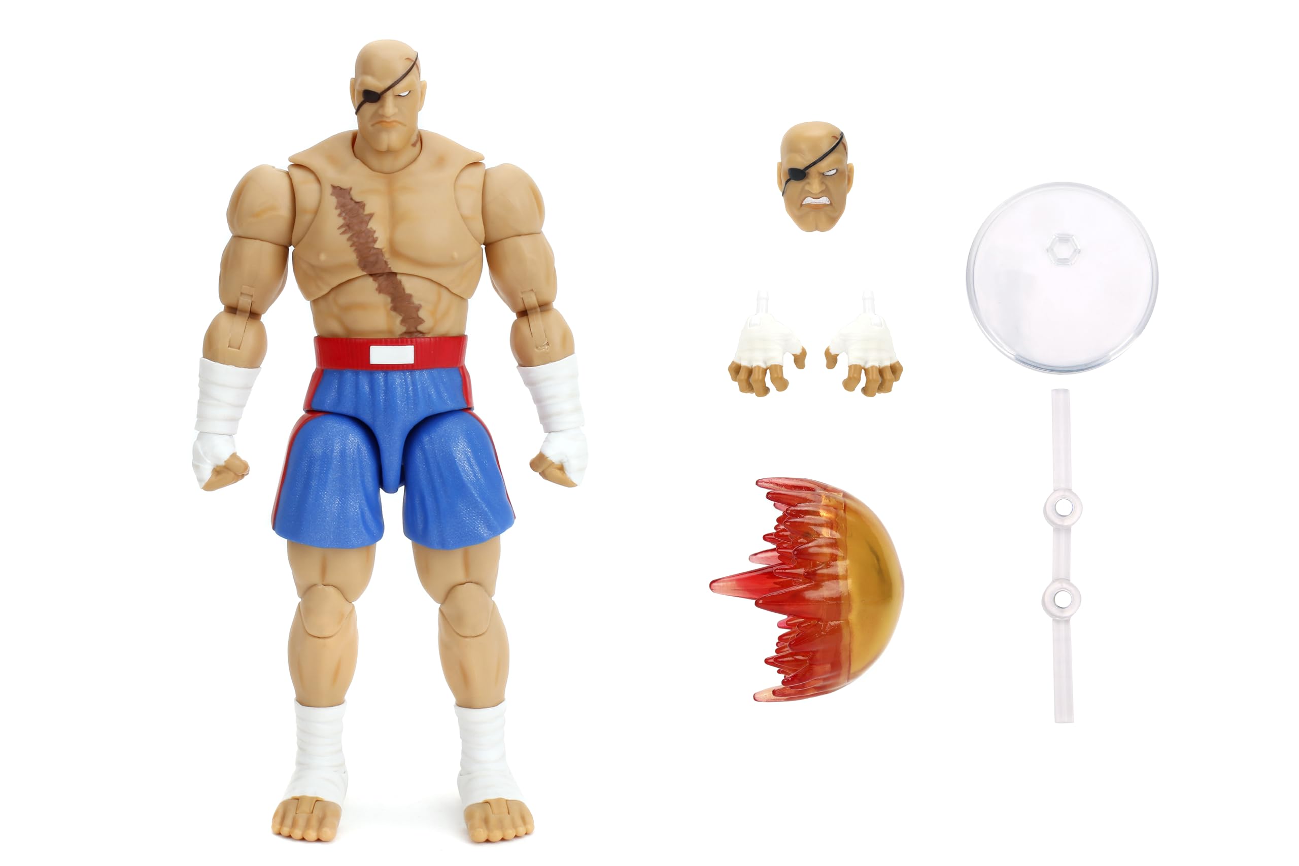 Jada Street Fighter II Sagat Deluxe - Figura de acción a escala 1:12, altamente articulada, accesorio y soporte de tiro de tigre, 7.6 pulgadas de alto