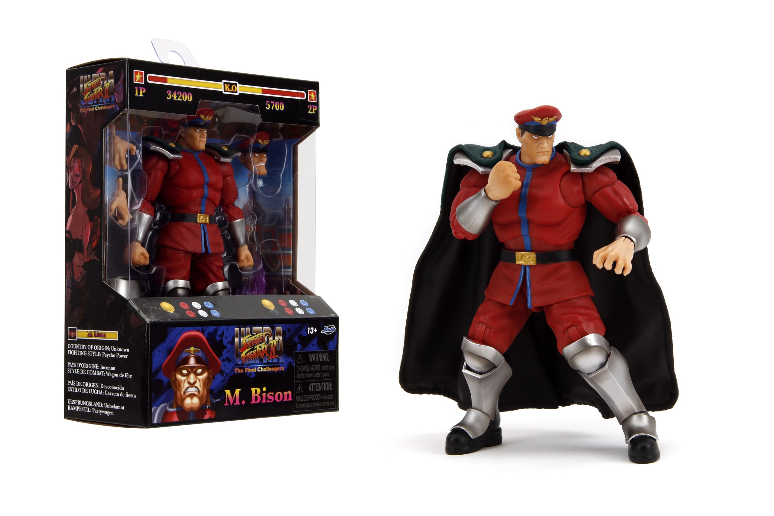 Jada Juguetes - Street Fighter II M. Bison Figura de acción Wave 2 - Escala 1:12, 6 pulgadas de alto, cabezas intercambiables, manos, accesorio de fuego morado