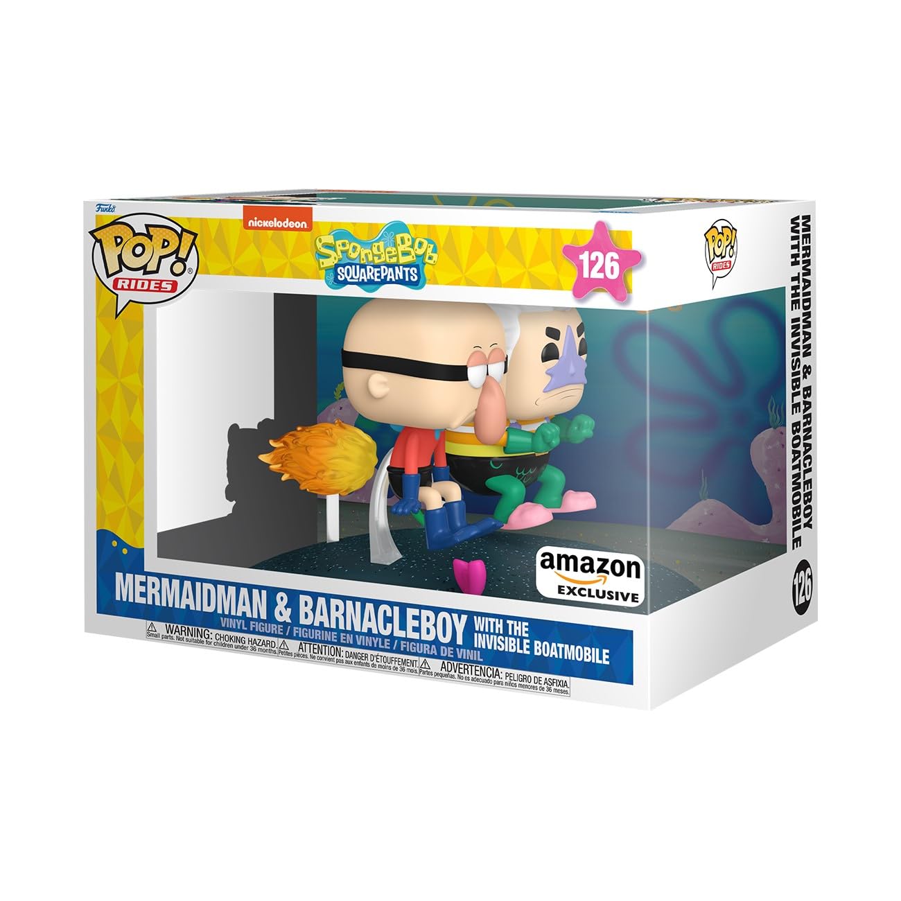 Funko POP Rides Deluxe: Bob Esponja Squarepants - Hombre sirena y chico percebe con coche invisible - Exclusivo de Amazon - Figura de vinilo coleccionable - Idea de regalo - Producto oficial
