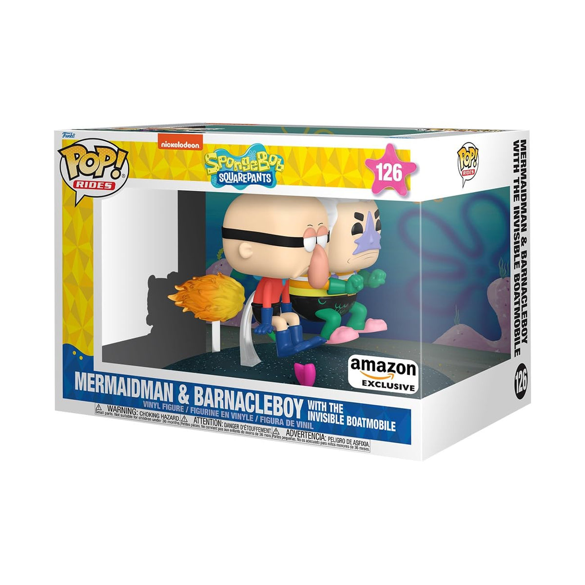 Funko POP Rides Deluxe: Bob Esponja Squarepants - Hombre sirena y chico percebe con coche invisible - Exclusivo de Amazon - Figura de vinilo coleccionable - Idea de regalo - Producto oficial