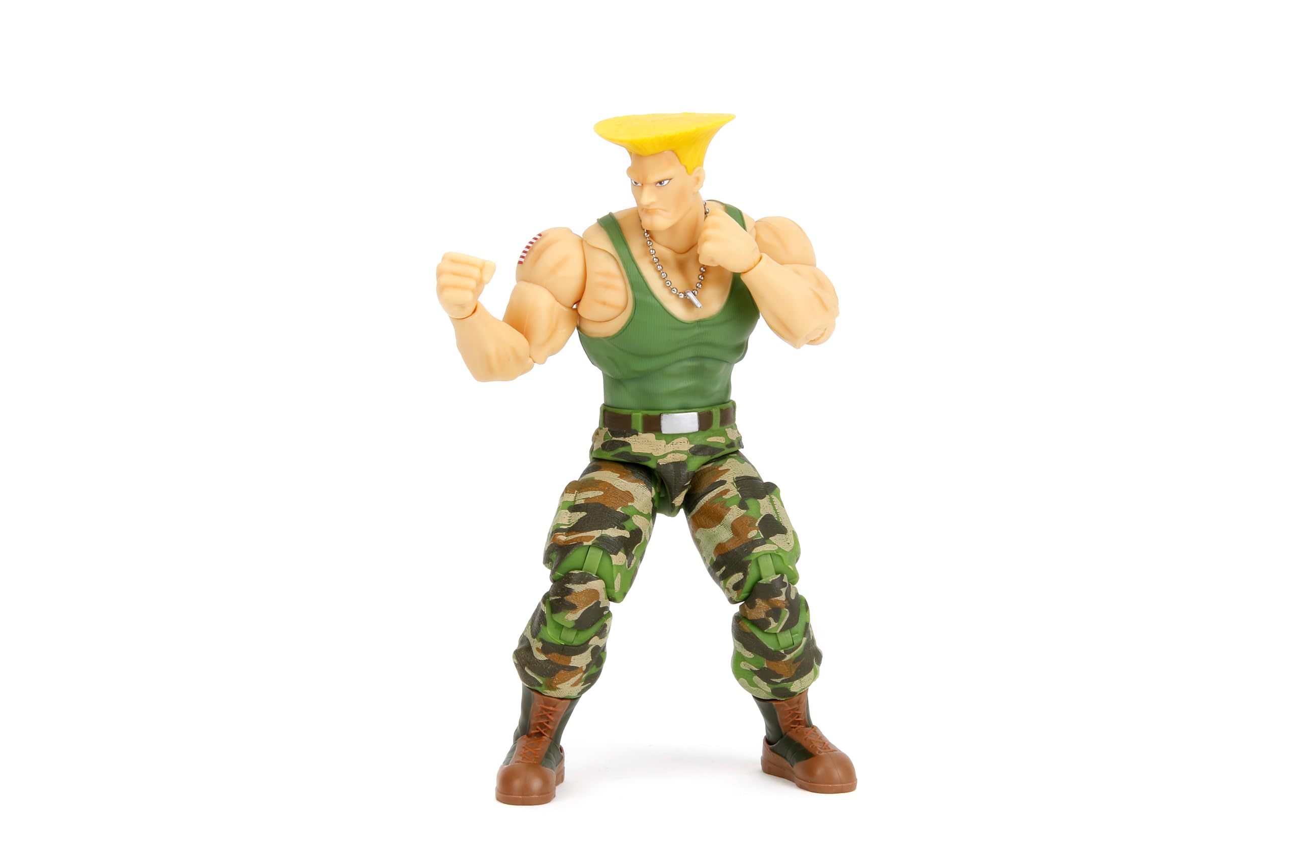 Jada Toys Street Fighter II Guile Figura de acción a escala 1:12, 6 pulgadas de alto, cabezas intercambiables, manos y accesorios